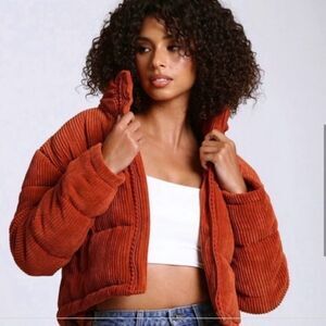 7 for all mankind burnt orange corduroy cropped zip up puffer jacket sz XS